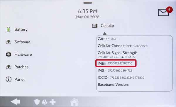 IQ Panel 5 About page with the IMEI highlighted in the Cellular section