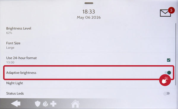 IQ Panel 5 Display page with the Adaptive Brightness toggle highlighted