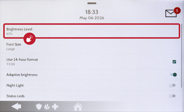 IQ Panel 5 Display page with the Brightness Level row highlighted