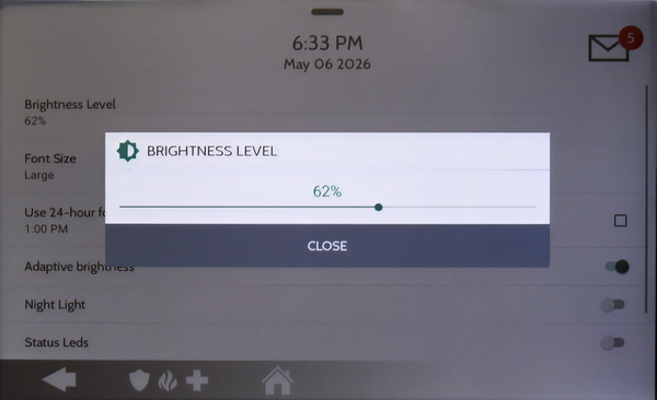 IQ Panel 5 Brightness Level popup slider set to 62 percent