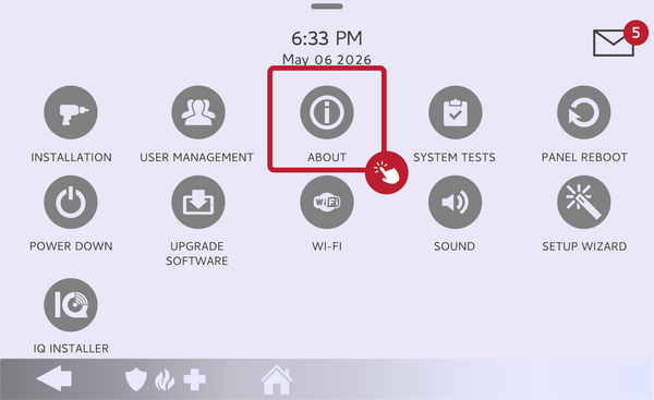 IQ Panel 5 installer menu with the About button highlighted