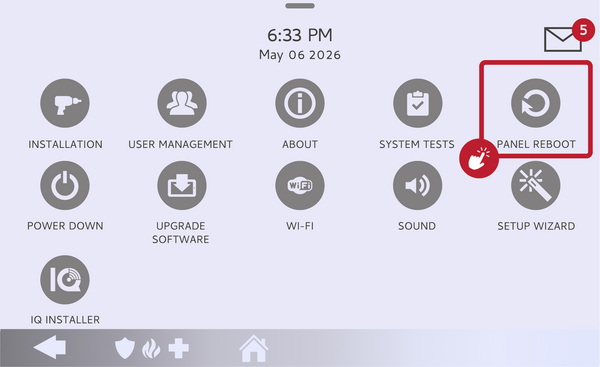 IQ Panel 5 installer menu with the Panel Reboot button highlighted