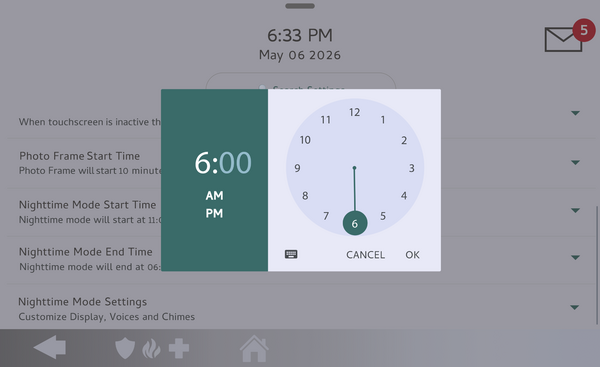 IQ Panel 5 clock picker setting Nighttime Mode end to 6:00 AM