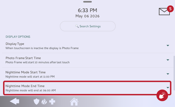 IQ Panel 5 Photo Frame Settings with the Nighttime Mode End Time row highlighted