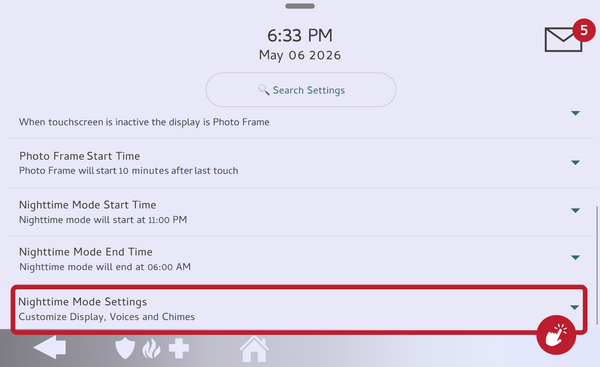 IQ Panel 5 Photo Frame Settings with the Nighttime Mode Settings row highlighted