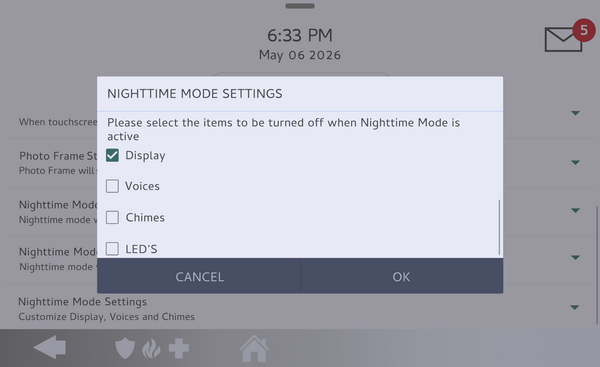 IQ Panel 5 Nighttime Mode Settings with Display, Voices, Chimes, and LEDs options