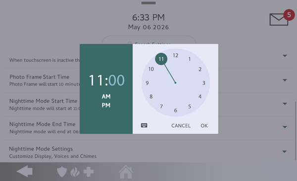 IQ Panel 5 clock picker setting Nighttime Mode start to 11:00 PM
