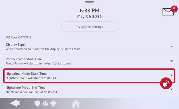 IQ Panel 5 Photo Frame Settings with the Nighttime Mode Start Time row highlighted