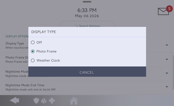 IQ Panel 5 Display Type options: Off, Photo Frame, Weather Clock