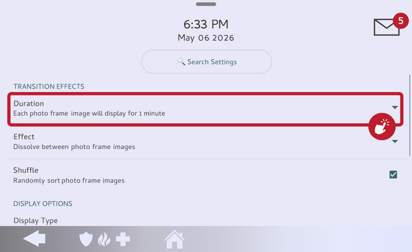 IQ Panel 5 Photo Frame Settings with the Duration row highlighted