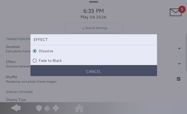 IQ Panel 5 Effect options: Dissolve or Fade to Black