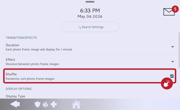 IQ Panel 5 Photo Frame Settings with the Shuffle checkbox highlighted