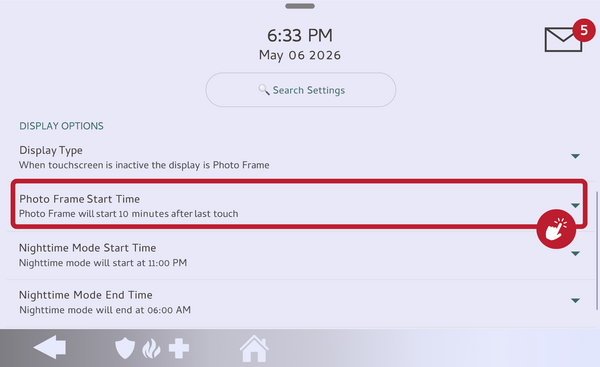 IQ Panel 5 Photo Frame Settings with the Photo Frame Start Time row highlighted