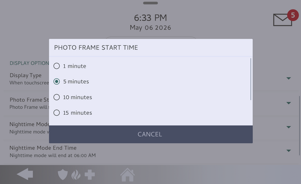 IQ Panel 5 Photo Frame Start Time options from 1 to 30 minutes