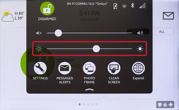IQ Panel 5 Settings Tray with the brightness slider highlighted