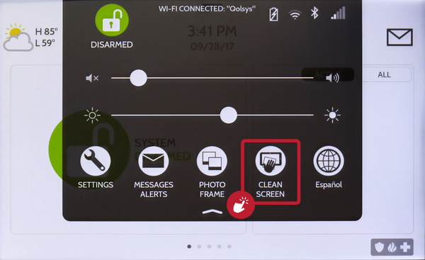 IQ Panel 5 Settings Tray with the Clean Screen button highlighted