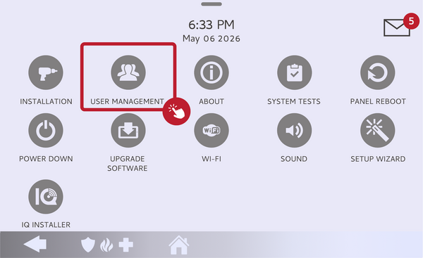 IQ5 Hub Advanced Settings menu with User Management highlighted