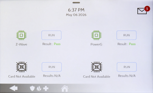 IQ5 Hub Daughter Cards Test showing Z-Wave and PowerG with Pass results