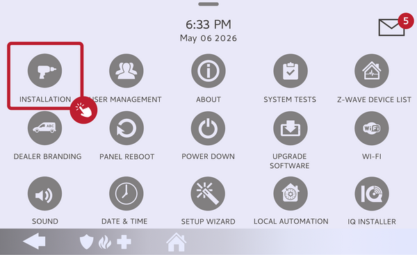IQ5 Hub menu with the Installation icon highlighted