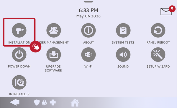 IQ Panel 5 menu with the Installation icon highlighted