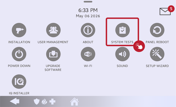 IQ5 Hub Installer Menu with the System Tests button highlighted