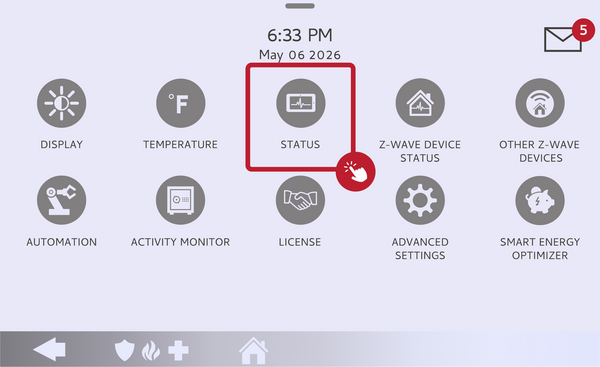 IQ5 Hub Settings page with the Status icon highlighted
