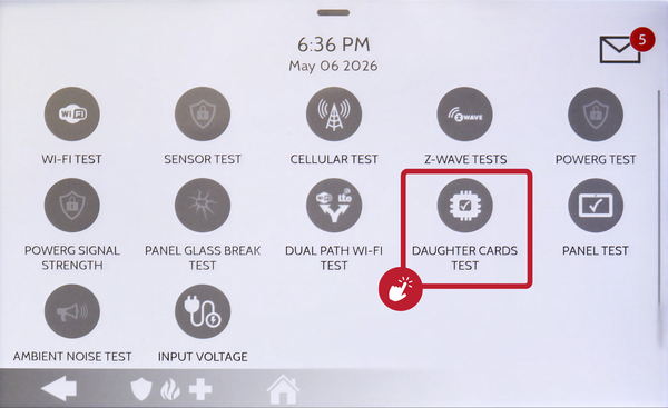 IQ5 Hub System Tests menu with the Daughter Cards Test button highlighted